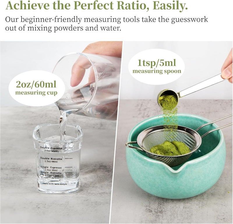 YIBO Matcha Whisk Set, Matcha Kit Bamboo Whisk and Ceramic Bowl with Spout & Measuring Spoon & Cup, Japanese Ceremony Matcha Tea Making Tools Blue - Image 3